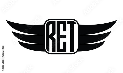 RET three Letter Wings Flying Initial wing symbol minimalist creative concept flag icon professional logo design Vector template with abstract black and white tattoo