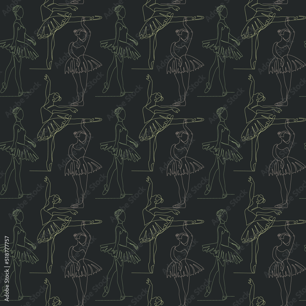 Seamless pattern with ballerinas drawn in line art style