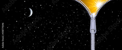 Reißverschluß öffnet einen schwarzen Nachthimmel