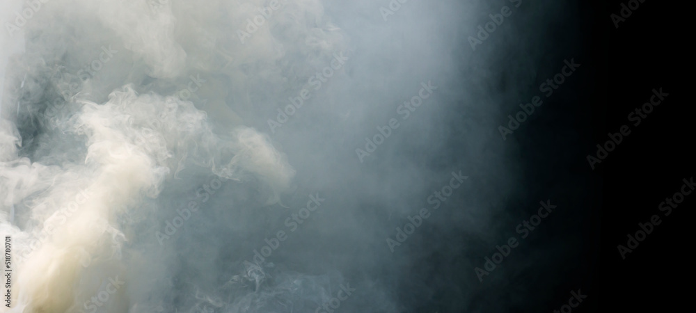 Panoramic view of the abstract fog or smoke on black background. White cloudiness, mist, or smog background.