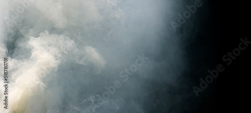 Panoramic view of the abstract fog or smoke on black background. White cloudiness, mist, or smog background.