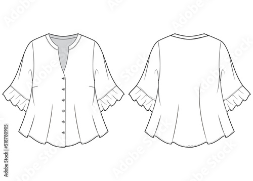Mandarin Collar Flared Blouse with Frill Hem Three Quarter Sleeve, Maternity blouse Front and Back View. Fashion Illustration Vector, CAD, Technical Drawing, Flat drawing.	