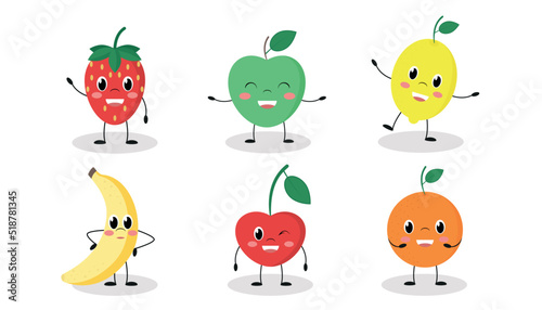 Set of cute cartoon fruits: strawberry, apple, lemon, banana, cherry, orange. Flat vector illustration isolated on white background