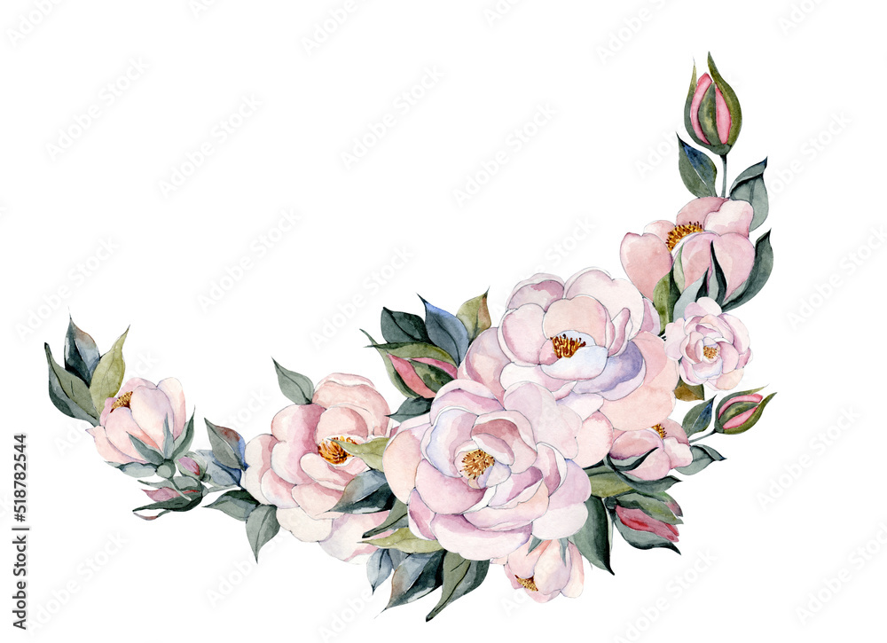 Watercolor floral wreath pink peonies