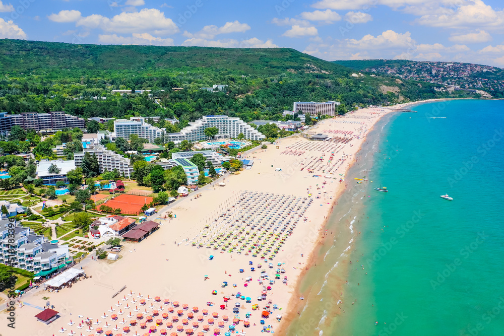 Albena, Bulgaria. Aerial view of Albena beach resort in the summer.