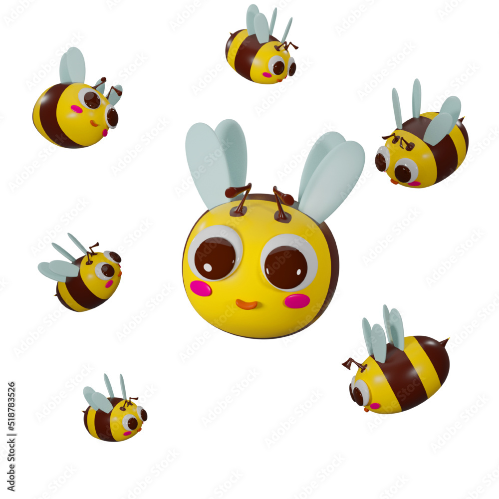 A swarm of cute cartoon bees, yellow and black flying, designed from 3D program.