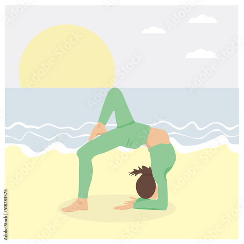a girl on the beach does morning yoga