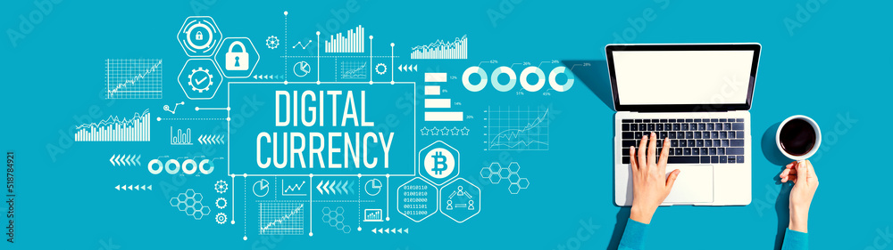 Digital currency theme with person using a laptop computer Digital currency theme with person using a laptop computer