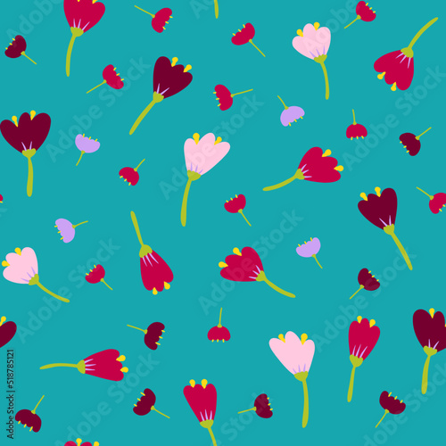 Seamless cartoon abstract flowers pattern. Color floret on azure background. Hand-drawn plants, petals. Stylized peonies, roses, tulips, lilies. Summer romantic floral ornament. Vector illustration