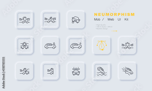 Road accidents set icon. Car collision, crash, explosion, overheating, distance, heavy object fall, cliff fall, water, slope. Road traffic concept. Neomorphism style. Vector line icon for Business