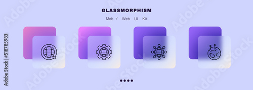 Globes set icon. Location, satellite, gear, map pointer, navigation, worldwide, navigator, gps, travel, destination. Geolocation concept. Glassmorphism. Vector line icon for Business and Advertising