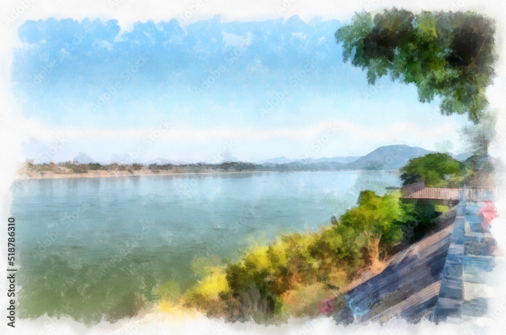 Fototapeta premium Mekong river landscape of Thailand watercolor style illustration impressionist painting.