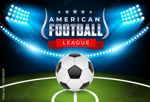 American football league stadium background. American Football field with bright stadium blue lights shining on it. Vector Illustration design. Rugby sport. World football Championship League Design.