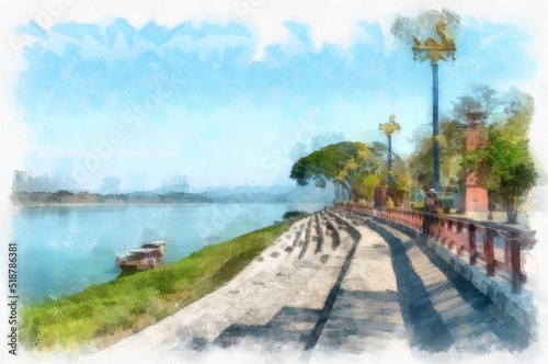 Mekong river landscape of Thailand watercolor style illustration impressionist painting. © Kittipong