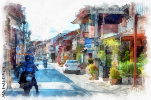 Street landscape in a commercial area of rural Thailand watercolor style illustration impressionist painting.