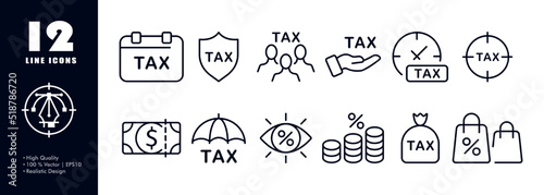 Taxes set icon. Time, pay, tax protection, shield, taxpayer, hand, clock, aim, no hidden fees, charge, duty, bank check, dollar, umbrella, money bag, percent, coin. Business concept. Vector line icon