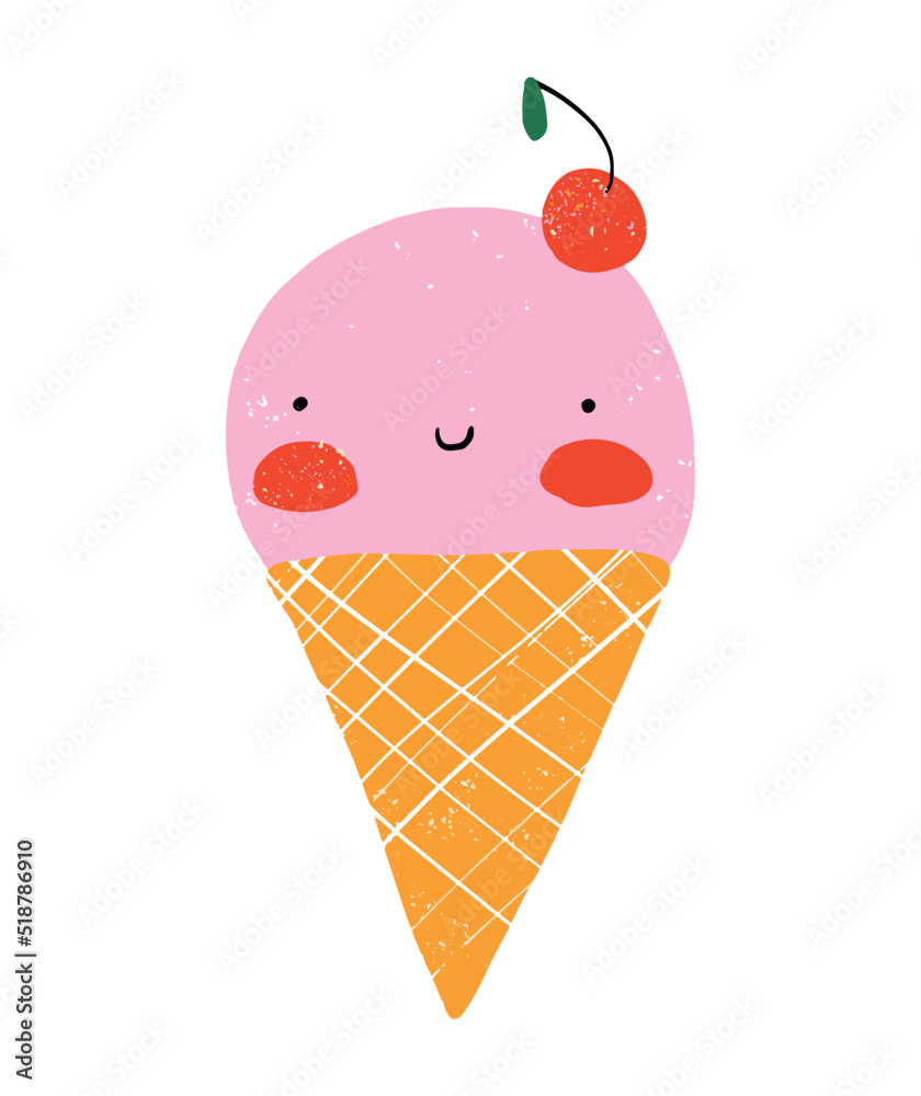 Cute Abstract Kawaii Vector Illustration. Pastel Pink Hand Drawn Smiling Ice Cream on a White Blackground. Infantile Style Print ideal for Card, Poster, Greetings, Wall Art. Sweet Happy Food.