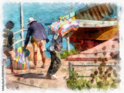 The landscape of the port on the Mekong River watercolor style illustration impressionist painting.