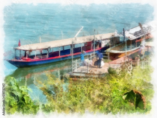 Landscape of boats sailing on the Mekong River in Thailand  watercolor style illustration impressionist painting.