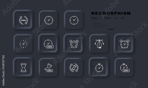 Clocks set icon. Around the clock, 24Hr, arrows, alarm, hourglass, stopwatch, planning, signboard, schedule. Time management concept. Neomorphism style. Vector line icon for Business and Advertising