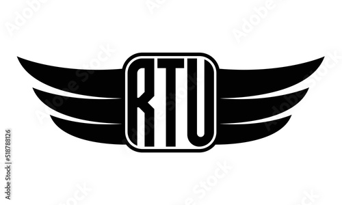 RTU three Letter Wings Flying Initial wing symbol minimalist creative concept flag icon professional logo design Vector template with abstract black and white tattoo