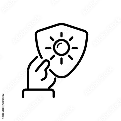 Hand holding shield with sun line icon. Sunscreen, spf, uv protection, summer, sunglasses, face, skin, photoaging, age spots. Selfcare concept. Vector line icon for Business and Advertising