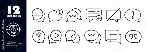 Speech bubbles set icon. New incoming message, comment, email, online, internet, exclamation and question marks, play button, quotes, crossed out. Communication concept. Vector line icon for Business photo