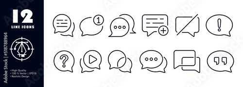 Speech bubbles set icon. New incoming message, comment, email, online, internet, exclamation and question marks, play button, quotes, crossed out. Communication concept. Vector line icon for Business