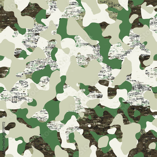 Camouflage seamless pattern. Trendy style camo, repeat print. Vector illustration. Khaki texture, military army green hunting