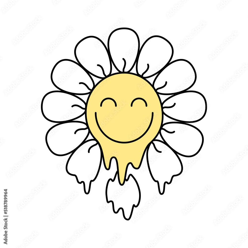 Groovy malting daisy smiley flower print on 70s style on white background. Vector doodle illustration. Design for t shirt, card, flyer, banner