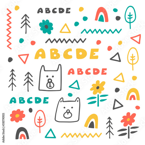 Cute children's vector set in Scandinavian in the form of doodles of pastel colors. Universal abstract minimalistic icons, alphabet, bears and trees for children, textiles, greeting cards, wrapping