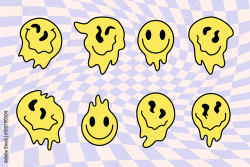 Set of distorted groovy melting   faces with smile on 70s retro style on optical background. Character funny psychedelic. Vector flat illustration. Dripping smile print.