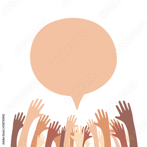 Many hands up and speech bubble illustration