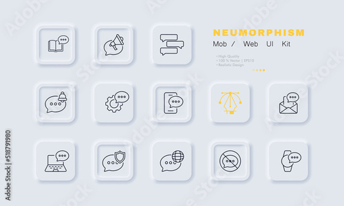 Sources of information set icon. Speech bubble, book, megaphone, bell, gear, phone, email, message, laptop, chield, safety, planet, online. Business concept. Neomorphism. Vector line icon for Business