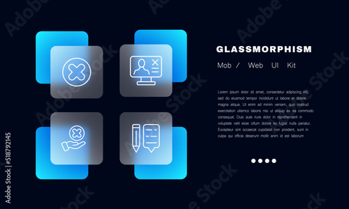 Rejection set icon. Communication, cross, hand, employee, online conference, pencil, speech bubble, article. Business concept. Glassmorphism style. Vector line icon for Business and Advertising