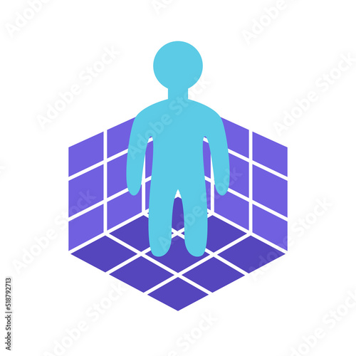 man inside grid cube dimension icon vector flat illustration. people symbol standing on grid digital dimension room graphic design.