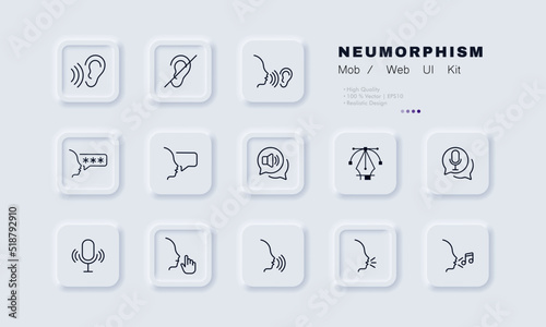 Loud and quiet modes set icon. Volume, ear, hear, crossed out, speak, password, megaphone, microphone, note. Technology concept. Neomorphism style. Vector line icon for Business and Advertising