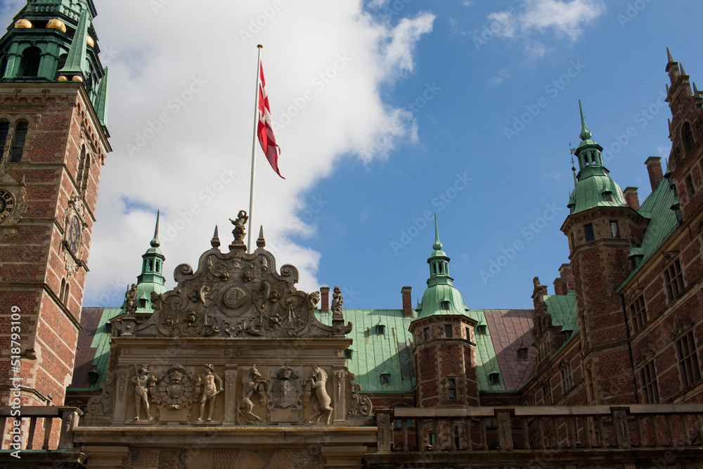 Frederiksborg Slot or Castle in Hillerod, Denmark. This famous danish palace was built as a royal residence for King Christian IV and is now known as The Museum of National History.