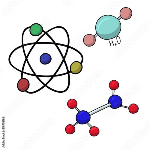 A set of simple diagrams of molecules and atoms, vector illustration in cartoon style