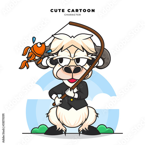 Cute cartoon character of goat is fishing
