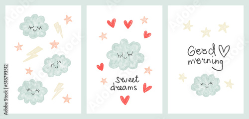 Charming children's casual vector set in watercolor style. Cute painted clouds with hearts and inscriptions in soft colors for background, postcard, gift, wrapper, textiles, decor and interior