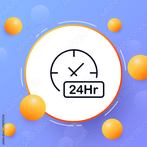 Clock with 24 Hr sign line icon. 24Hr, hour, signboard, around the clock, twenty four, shop, store, minute, business, support. Time management concept. Vector line icon for Business and Advertising