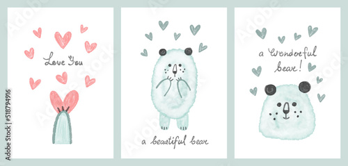 Vector set with a cute shy polar bear. Funny children's pastel-colored doodles in watercolor style with inscriptions for backgrounds, postcards, gifts, wrappers, textiles, decor and interior