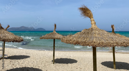 plaża ze słomianymi parasolami