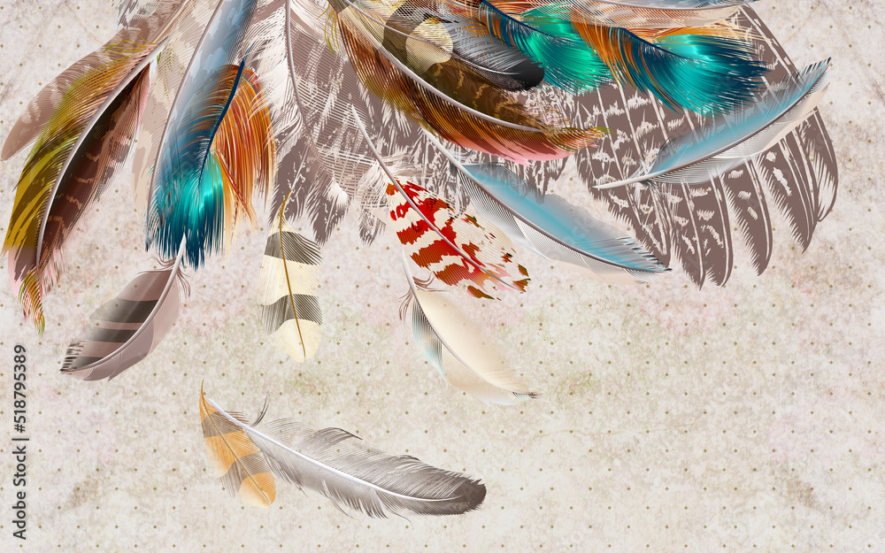 3d wallpaper many colorful bird feathers on a marble background