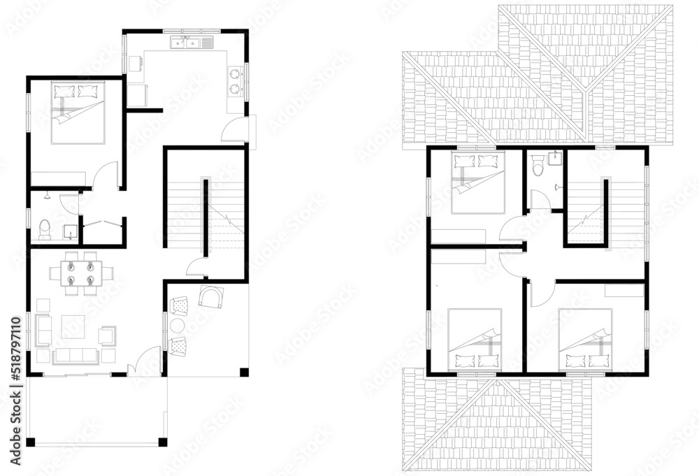 2D CAD 2 story house layout plan drawing with bedrooms complete with 2