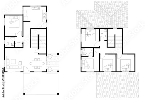 2D CAD 2 story house layout plan drawing with bedrooms complete with 2 bathrooms, balcony, furniture, kitchen, living room porch and furniture. Drawing produced in black and white. 