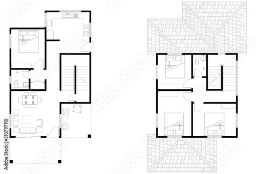 2D CAD 2 story house layout plan drawing with bedrooms complete with 2 bathrooms, balcony, furniture, kitchen, living room porch and furniture. Drawing produced in black and white. 