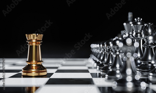 Gold rook facing the opponent on silver side chess pieces for competition game and tournament match on a chessboard background. Sport and leisure activity concept. 3D illustration rendering photo