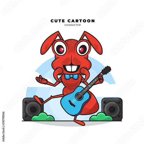 Cute cartoon character of ant is playing guitar
